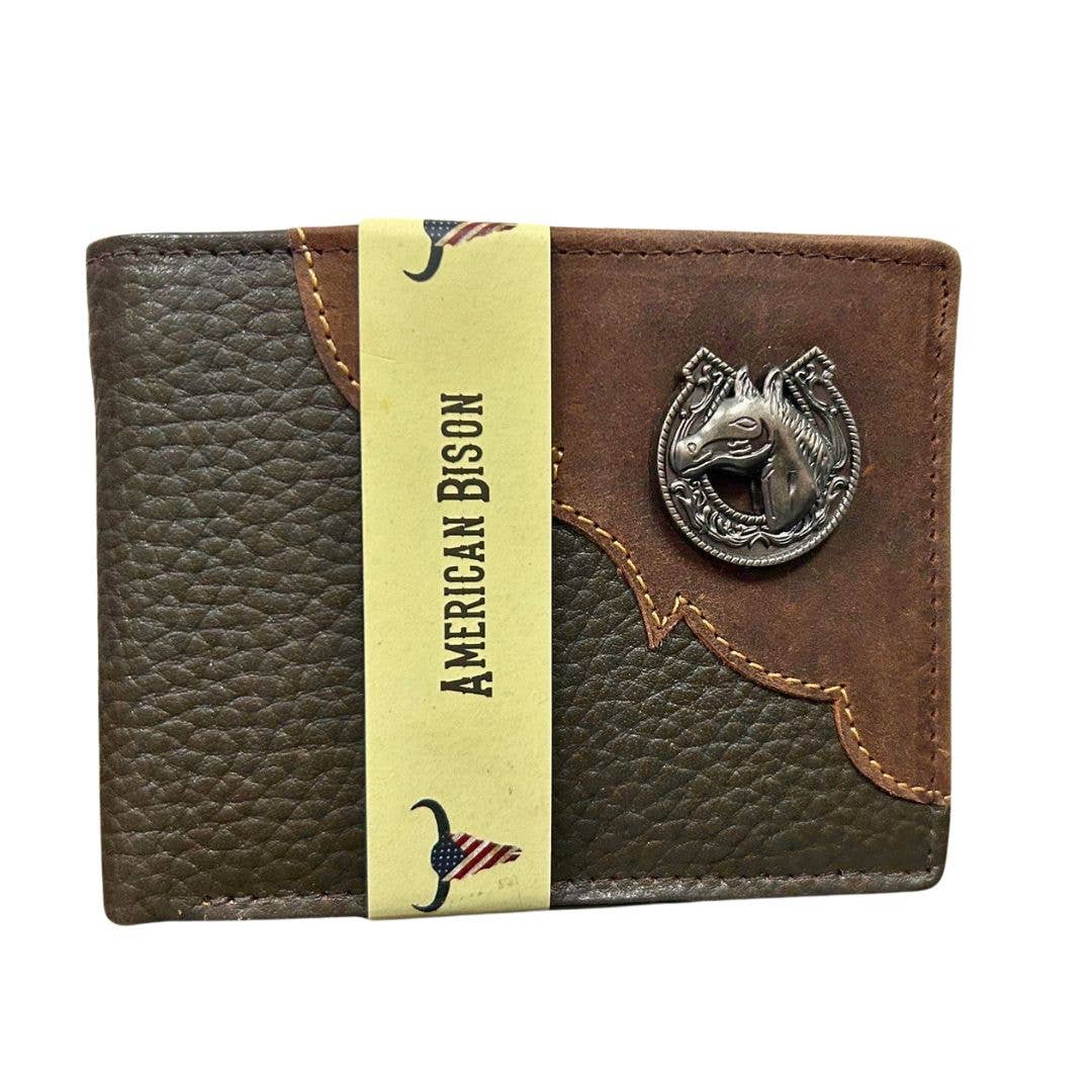 Leather Impressions Inc - Wholesale Wallet - Men's - Mixed Media Two Tone Bifold Rodeo Wallet w/ Medallion AB19174