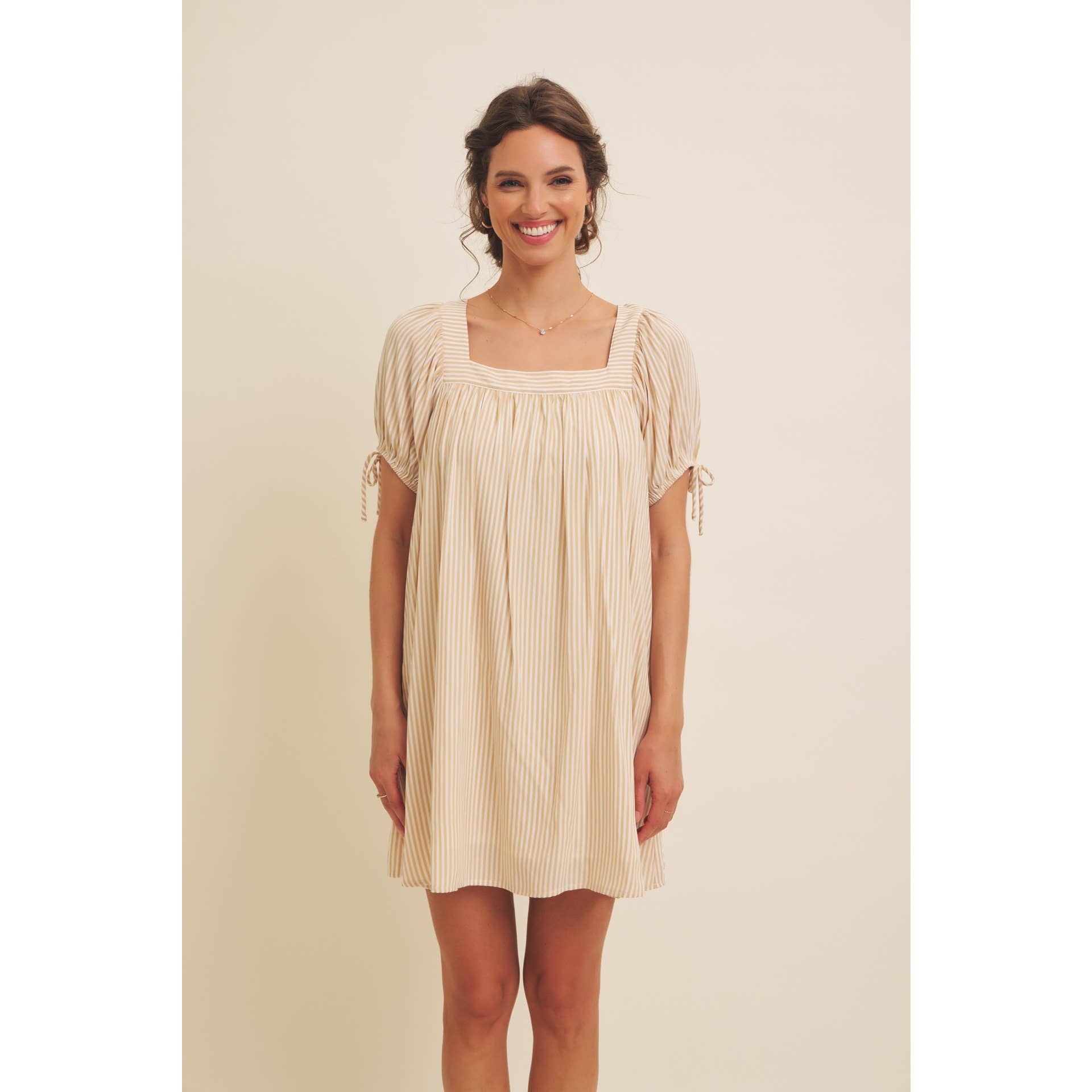 in february - Wholesale Dress - Women's - SQUARE NECK STRIPE FLARE MINI DRESS WITH BOW ON THE SLEEVES20