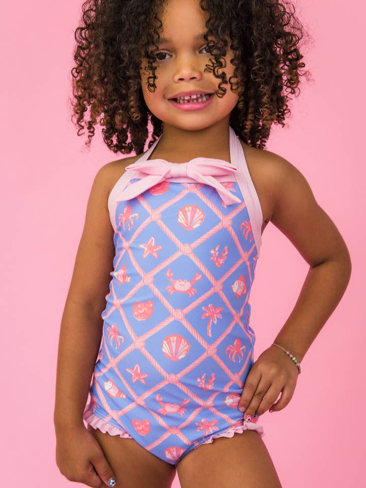 Flickor Tropisk Spaljé Halterneck Baddräkt i Ett Stycke för wholesale av RuffleButts + RuggedButts