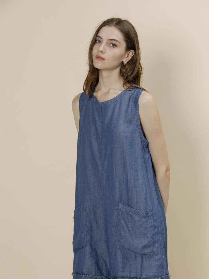 Frayed Hem Sleeveless Tencel Denim Romper for wholesale by A & SHE
