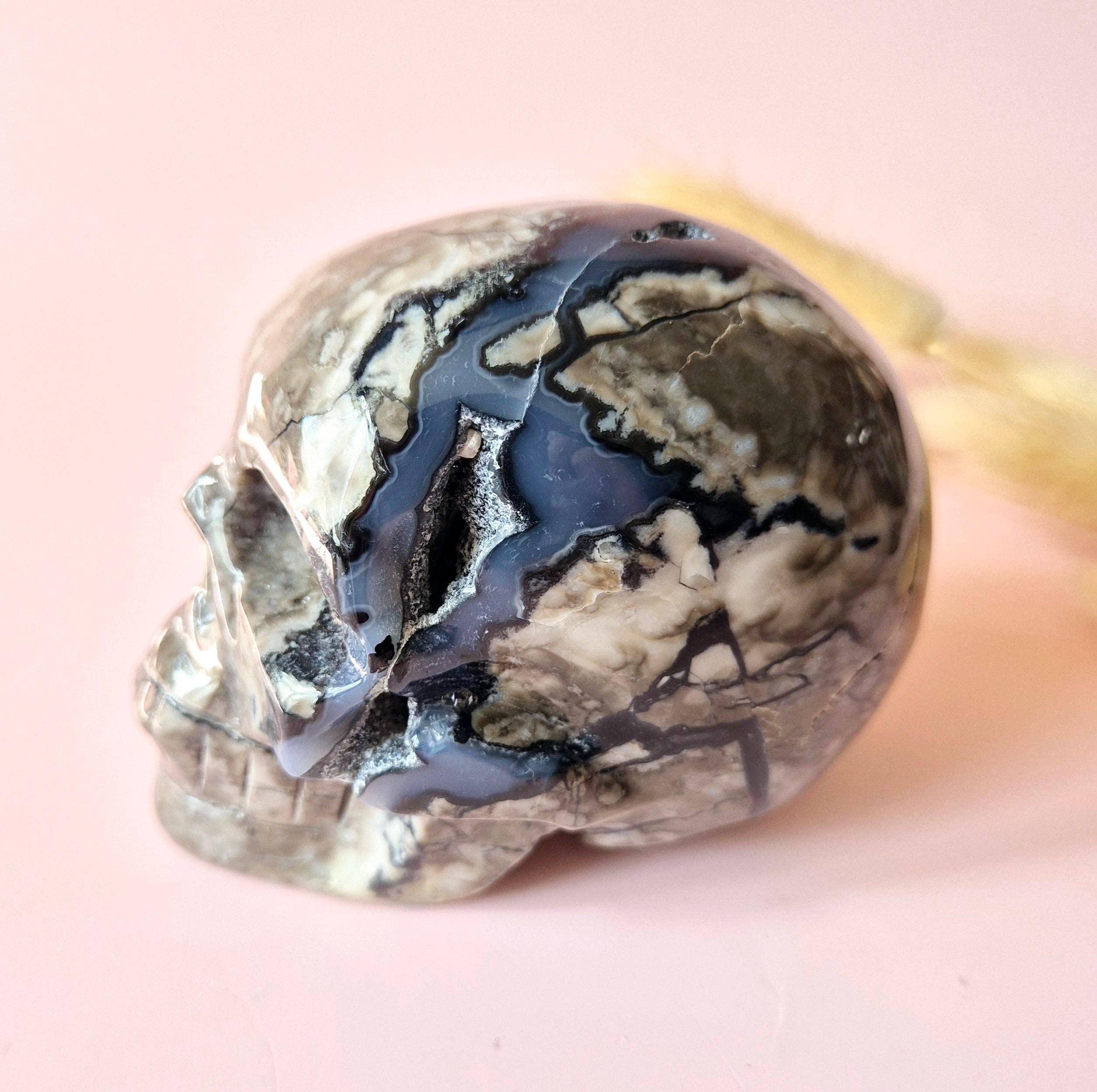 Moonlight Gemstones - Wholesale Spiritual Stone/Crystal - XL Gemstone Druzy Skull UV-reactive Volcano Agate Skull – #3 484 grams1