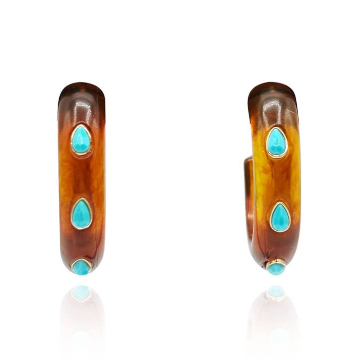 Tortoise Resin Hoop Earrings With Faceted Turquoise Glass Pear Stones for wholesale by Michael Nash Jewelry
