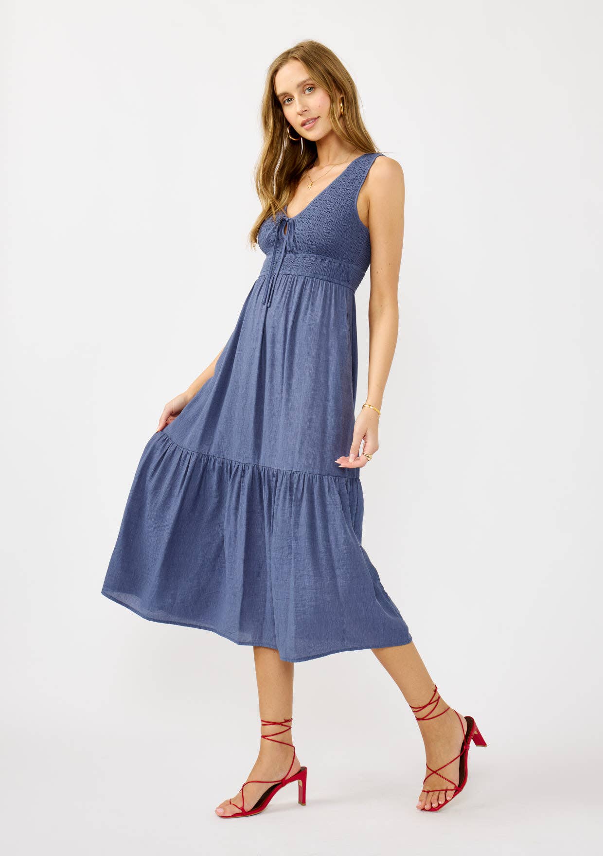 Slate Blue Flowy Tiered Midi Dress with Side Pockets for wholesale on Faire1