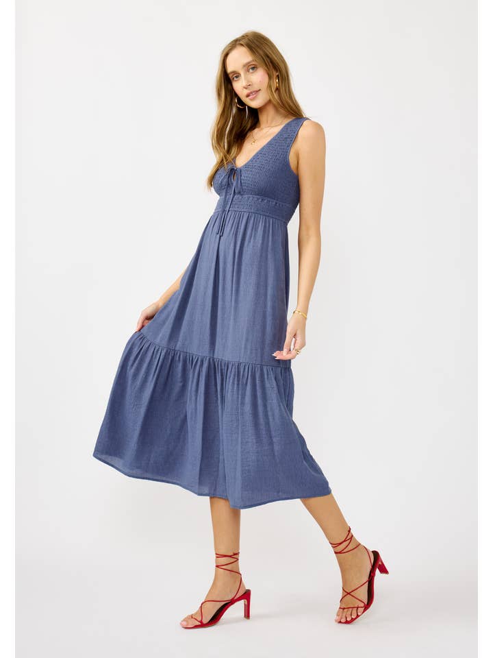 Slate Blue Flowy Tiered Midi Dress with Side Pockets for wholesale on Faire1