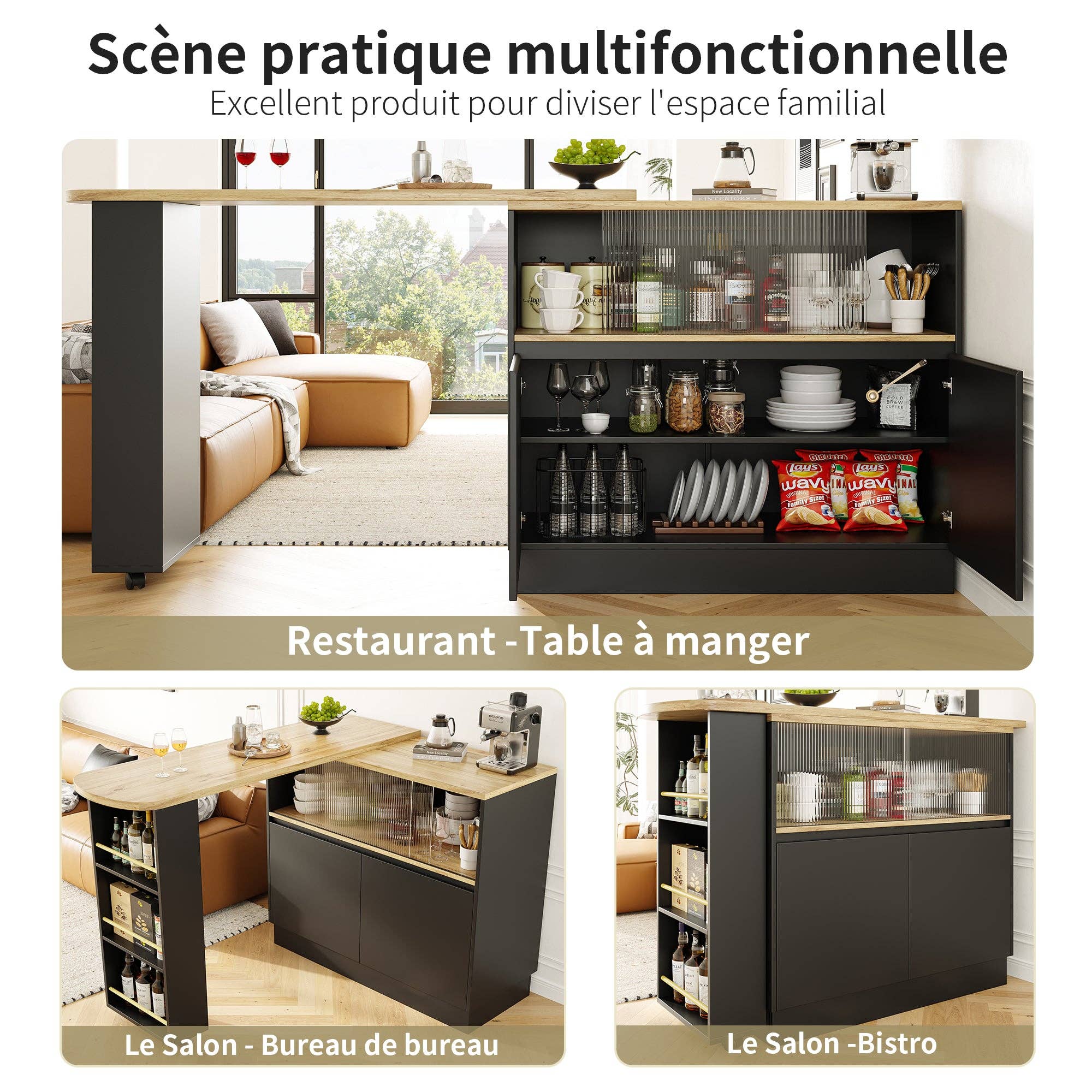 Urban Meuble - Wholesale Sideboard - Wood-effect and black bar table with 360° swivel storage and corrugated glass TINPLATE15