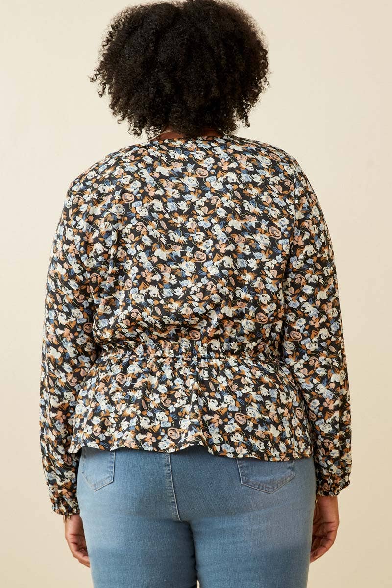 Black Womens Ditsy Floral Surplice Long Sleeve Chiffon Peplum for wholesale on Faire6