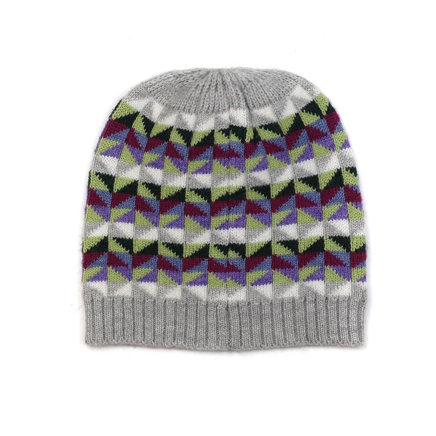 Peace Of Mind – wholesale Beanie – Women's – Grey and Plum Mix Geometric Knit Beanie