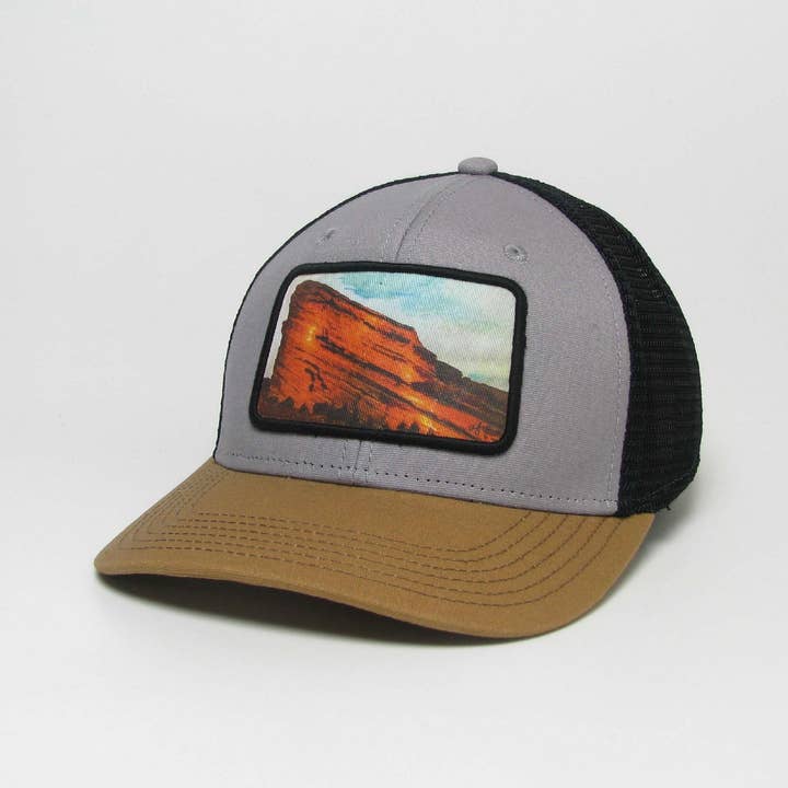 Red Rocks Mid-Pro Trucker Hat in Grey/Caramel/Black for wholesale by Aisling