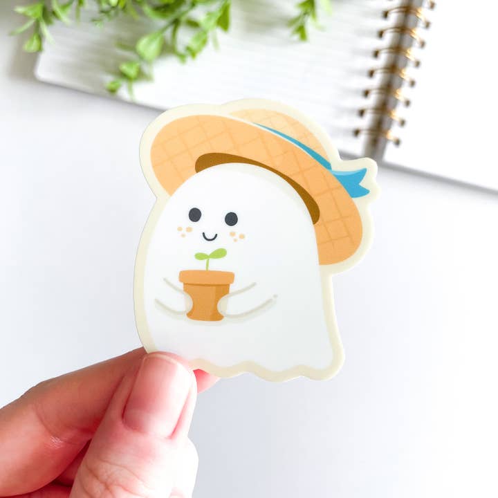 Cute Gardening Ghost Waterproof Matte Vinyl Sticker for wholesale by Studious Owl Press
