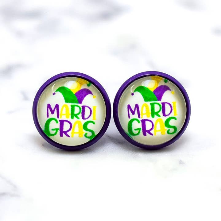 Mardi Gras Hat Photo Stud Earrings for wholesale by Daydreamer Designs