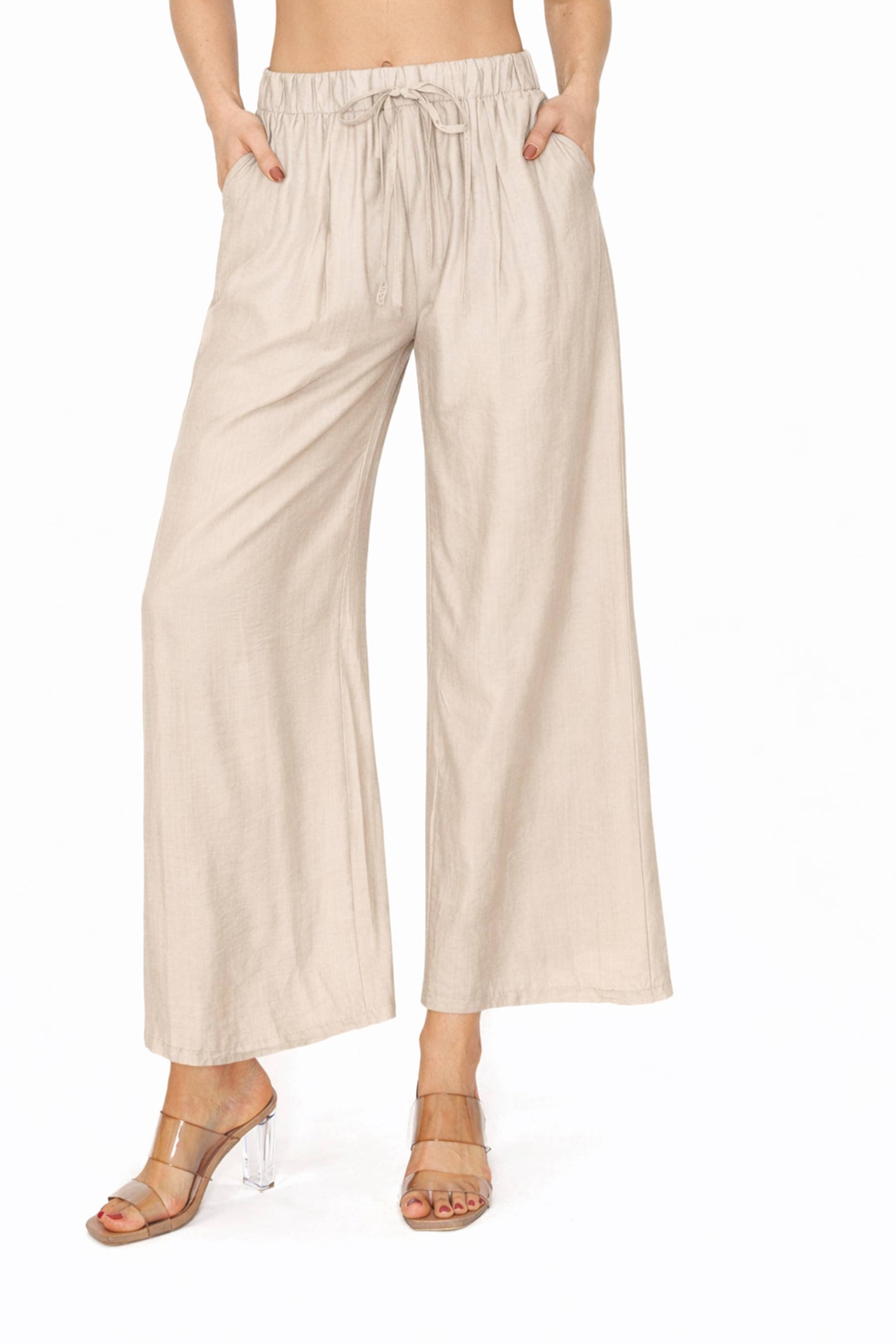 MOA COLLECTION - Wholesale Pants - Women's - Linen Texture Wide Leg Palazzo Pants Casual Style8