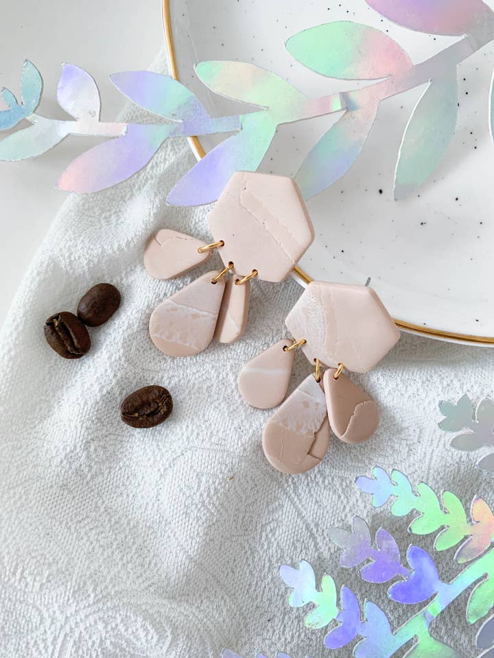 Marbled teardrop latte inspired dangle earrings for wholesale by By Coya