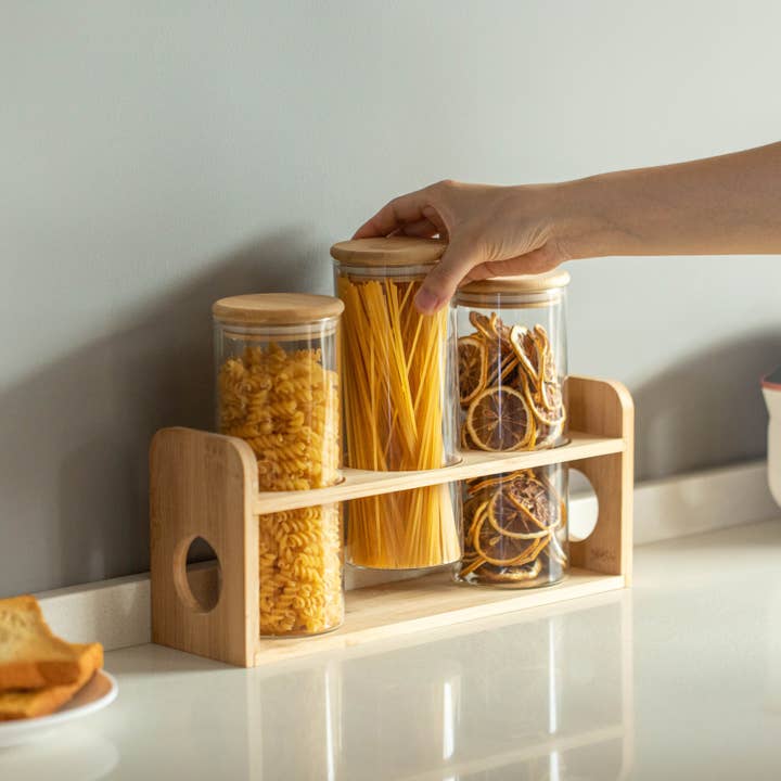Quickway Imports - Wholesale Kitchen Storage/Organizer - Basicwise 3 Pcs 30oz Glass Jars with Bamboo Shelf2