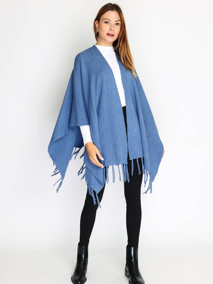 ORNELLA PARIS - Wholesale Poncho – Women's - Plain ponchos with fringe LEL-G8758
12