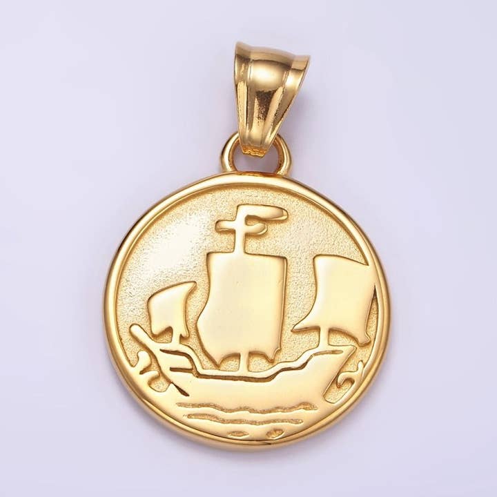 Stainless Steel Sailor Medallion Charms Pirate Coin Pendant in Gold | P1425 for wholesale by Aim Eternal