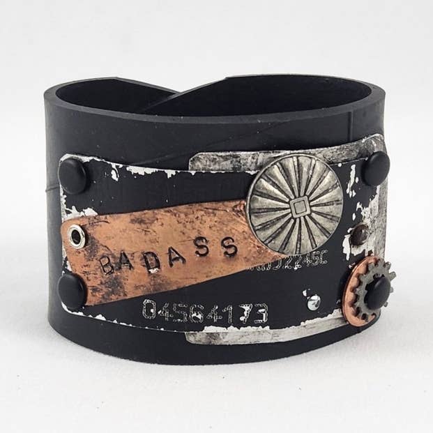 Badass Wide Bracelet Upcycled Inner Tube Jewelry Mixed Metal for wholesale by Tammy Rice