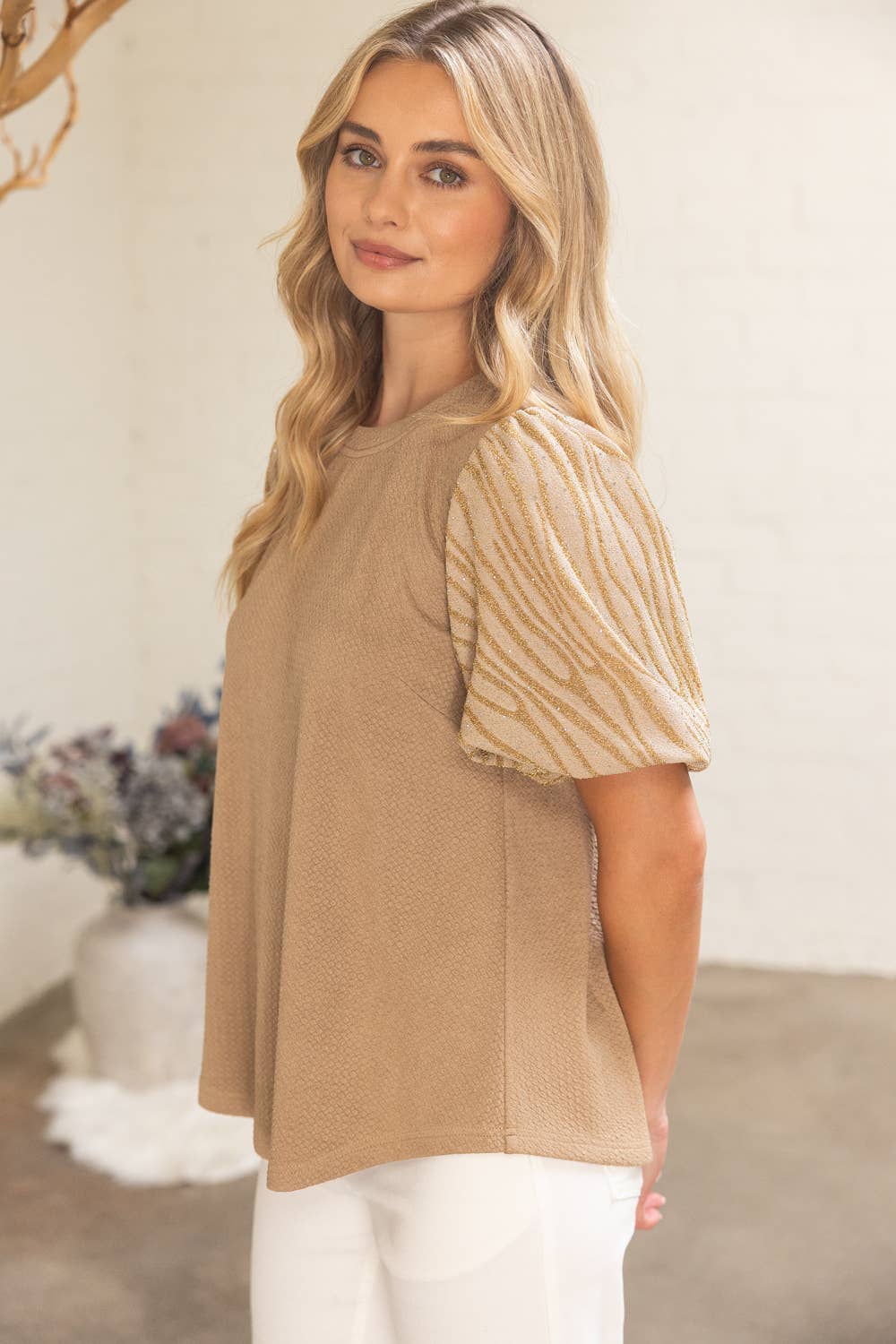 Tan 36167 Lurex Zebra Pattern Puff Sleeve Textured Knit Top for wholesale on Faire2