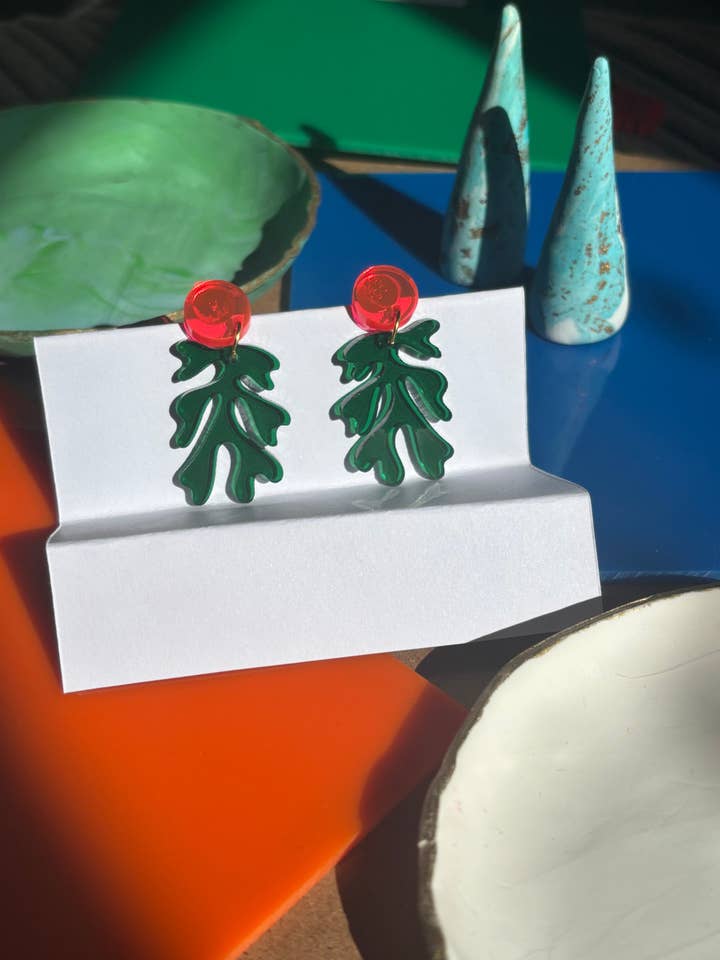 Green & Pink Seaweed Statement Earrings Handmade Sheer Acrylic Dangle Drops Ocean-Inspired Botanical Jewelry, Bold Summer Gift for Her for wholesale by Squishy Jewellery