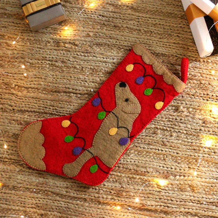 Red Cheerful Dog Applique Wool Felt Christmas Stocking for wholesale on Faire