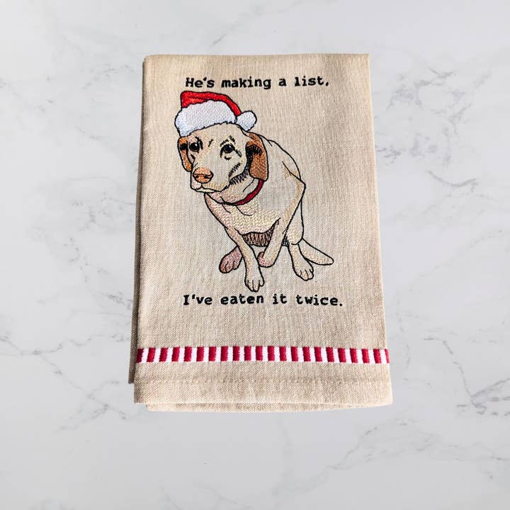Sheryl's Stitchery Niche - Wholesale Tea Towel - He's Making a List, Christmas Dog, Kitchen Decor