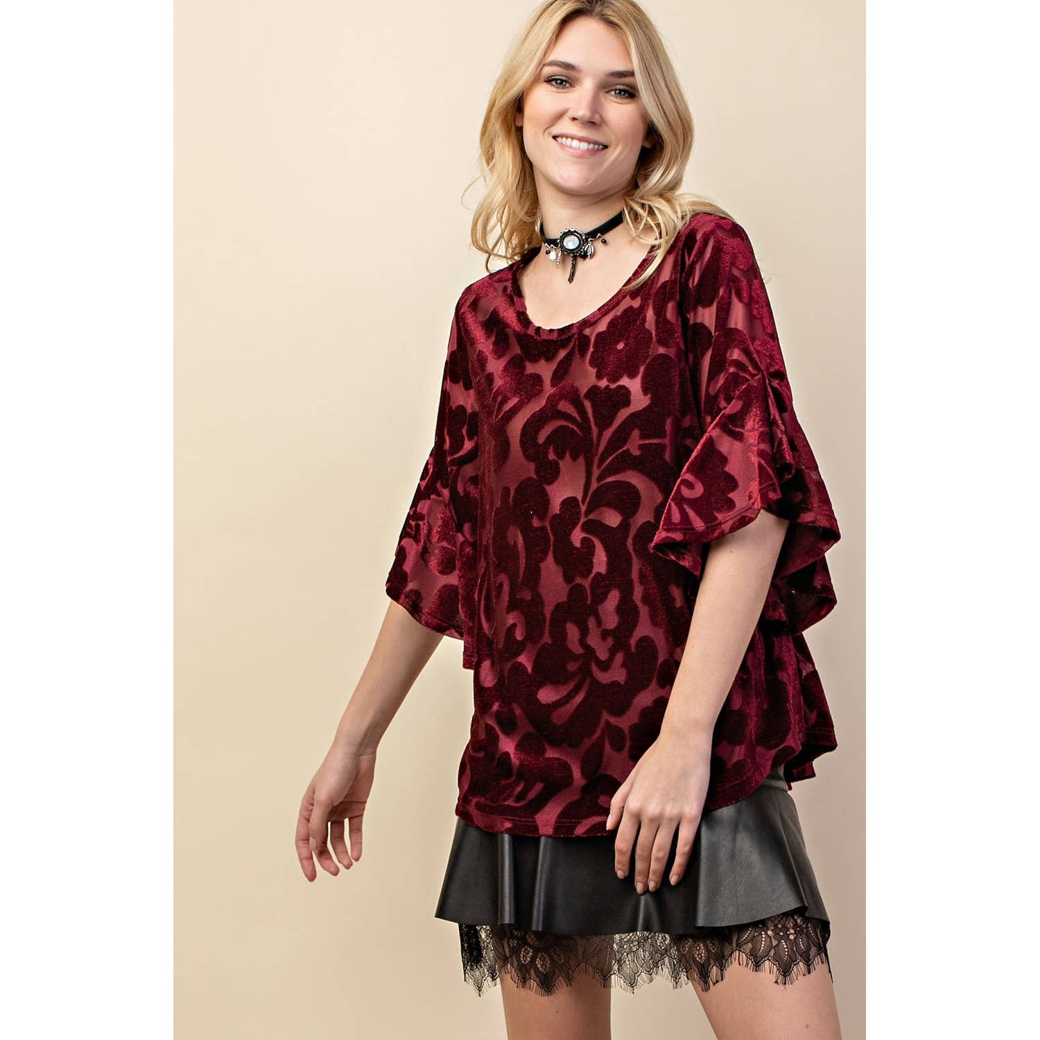 VOCAL - Wholesale Blouse - Women's - VELVET RUFFLE SLEEVE KNIT TOP10