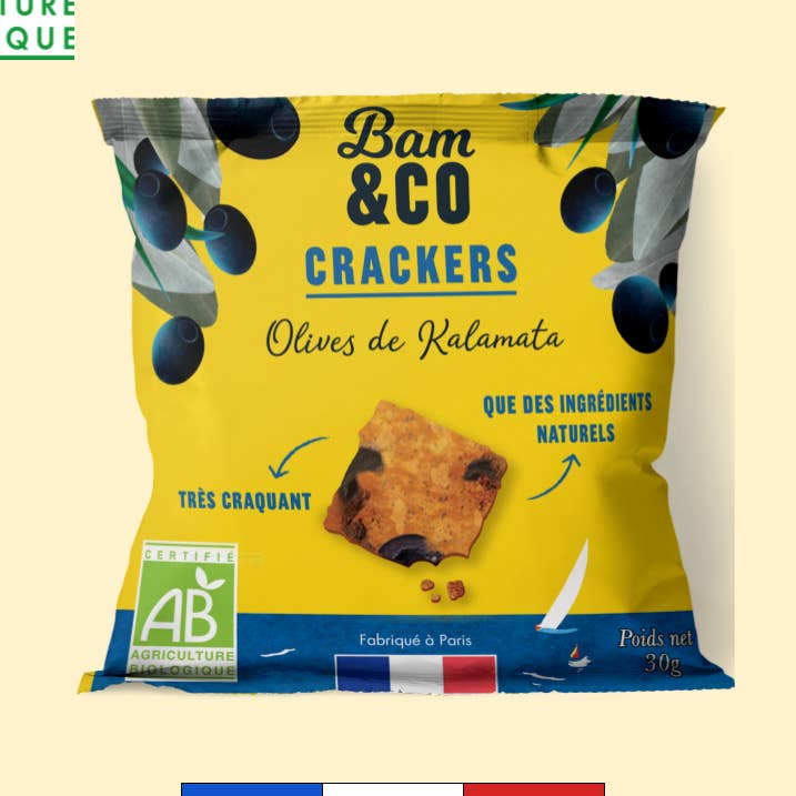 Organic salty snack - Tiny Black Olive and sesame crackers for wholesale by BAM&Co Création