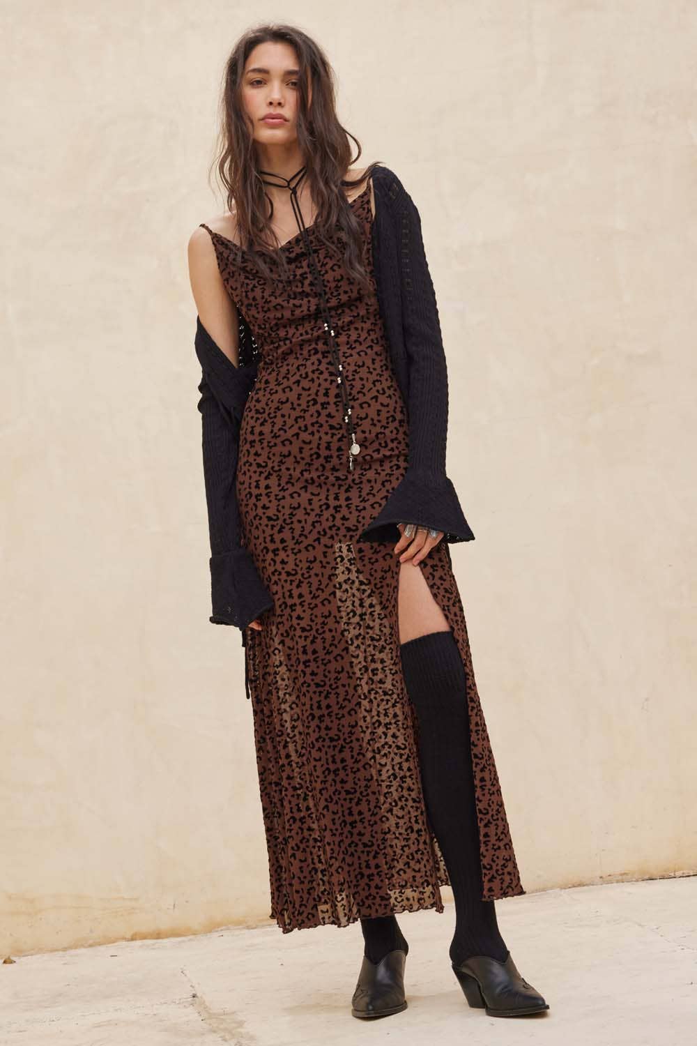 Promesa USA - Wholesale Dress - Women's - Flocked Leopard Mesh Cowl-Neck Maxi Dress8