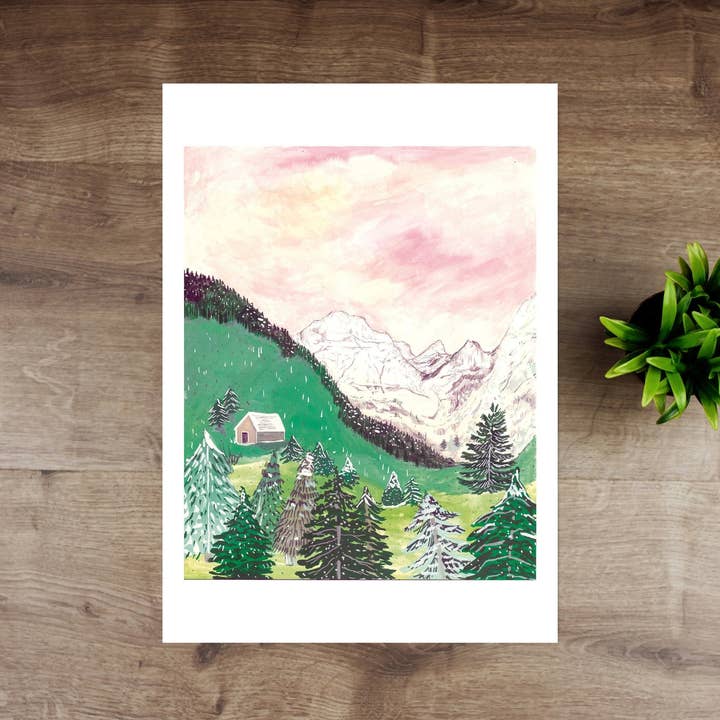 Austrian Tyrol Watercolour Mountain Print for wholesale by Charis Raine Illustration