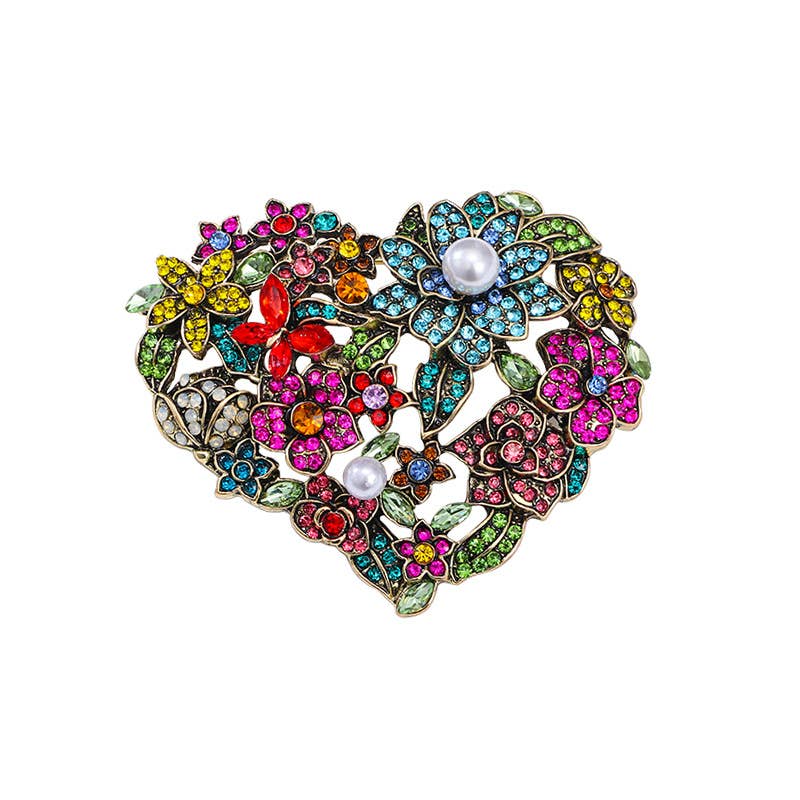 Heart Vintage Colorful Rhinestone Floral Brooch for wholesale on Faire6