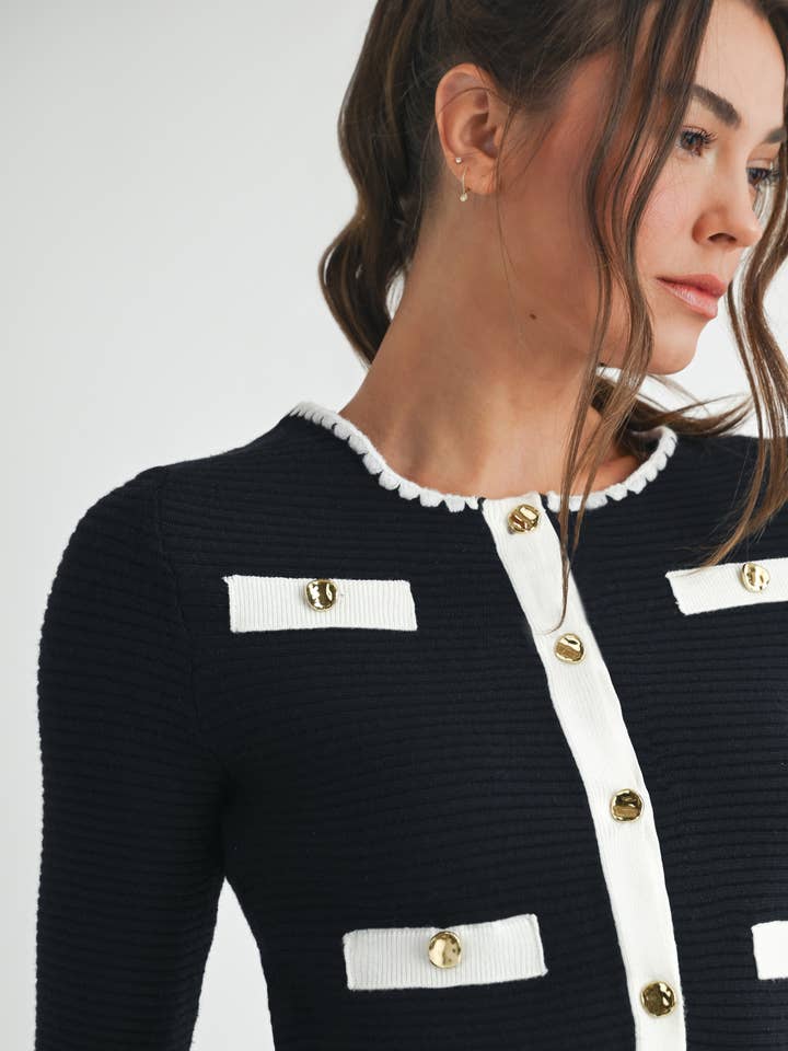 BLACK OFF WHITE Contrast Button Knit Crop Jacket for wholesale on Faire2