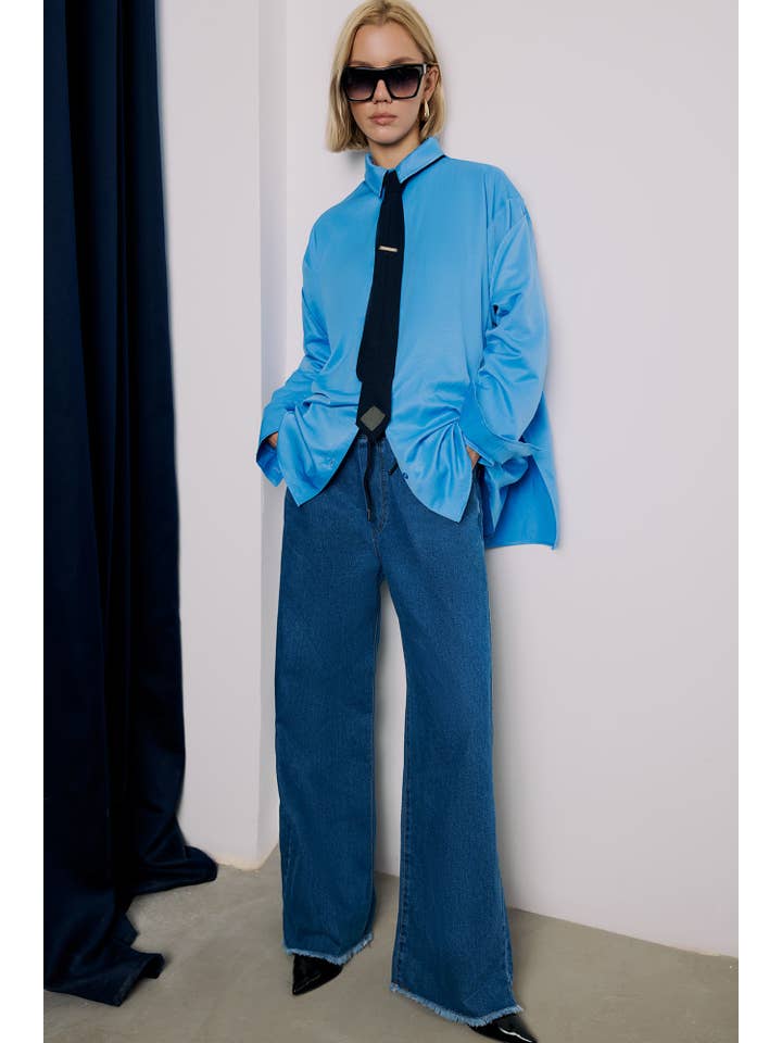 Blue Wide-Leg Frayed Hem Elastic Waist Denim Trousers for wholesale on Faire