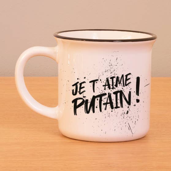 Tazza Je t'aime Putain (nera) /San Valentino per la vendita all'ingrosso da parte di Bibiche fait son Cirque