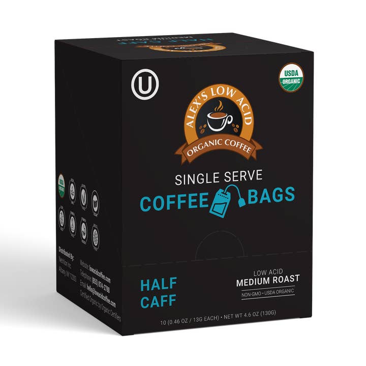 Alex's Low-Acid Coffee™ - Half Caff Steep Bags for wholesale by Alex's Low-Acid Organic Coffee