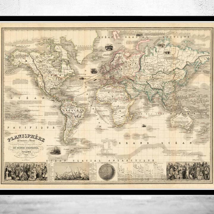 Carte du Monde Ancienne 1853 Projection de Mercator Carte Vintage | Cadeau Carte du Monde Impression Carte du Monde | Carte du Monde Vintage | Art Mural Carte du Monde pour la vente par OldCityPrints - Old Maps and Posters