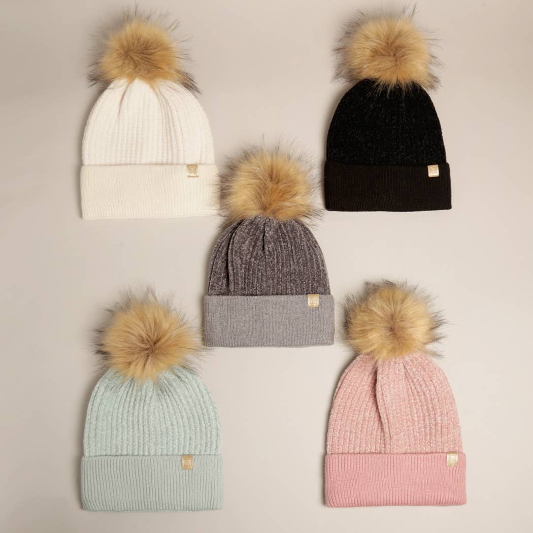 Fashion City - Wholesale Beanie - Women's - Winter Solid Chenille Cuff Beanie with Pom Pom12
