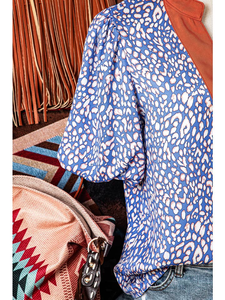 Multi Colored Fashion-W Leopard Print Spot Contrast Half Puff Sleeve Shirt for wholesale on Faire