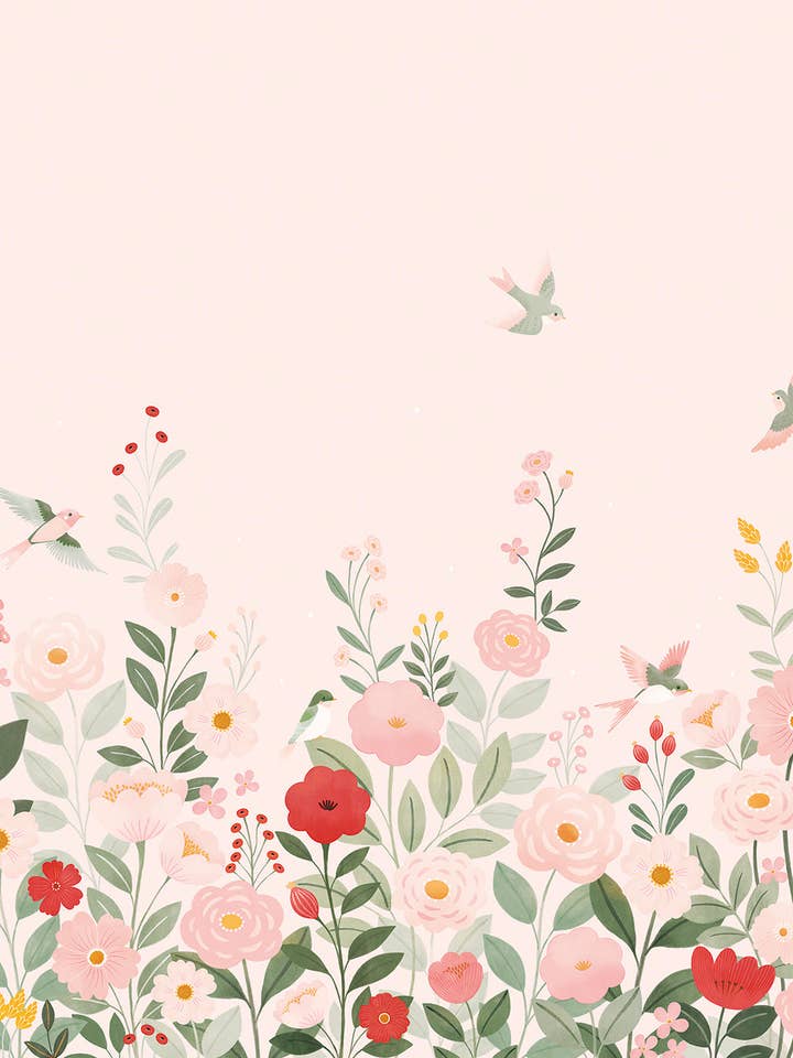 ALYSSE - Tapete mit Blumen- und Vogelmotiven auf rosa Hintergrund für den Großhandel von LILIPINSO