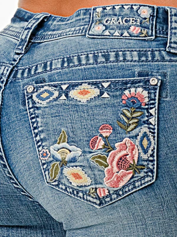 Bordado Floral Lavagem Média Clara Cintura Média Flare | ELS848 por atacado de Grace in LA