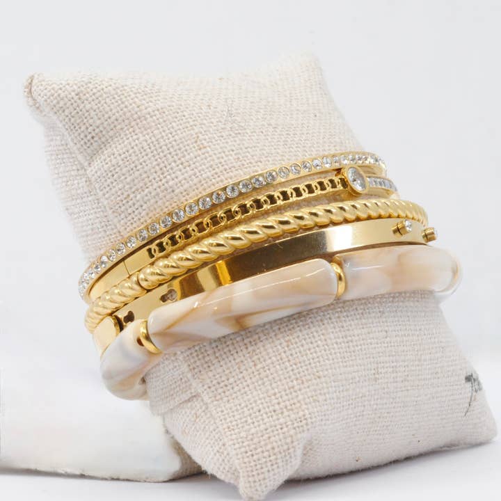 Bijoux 7bis - Vente Parures de bijoux - Kit 5 Bracelets Acier Doré Blanc Promotion