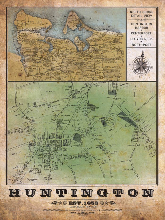 Huntington Long Island Carte multivue vintage remixée pour la vente par LOST DOG art & frame