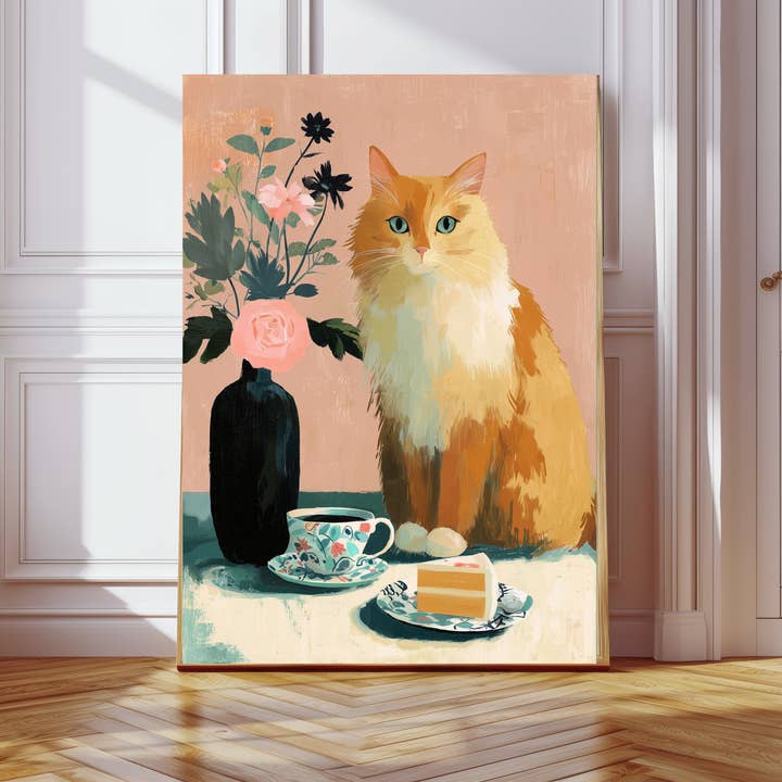 Ginger Cat Table Portrait Art Print for wholesale by Kumo Art Prints