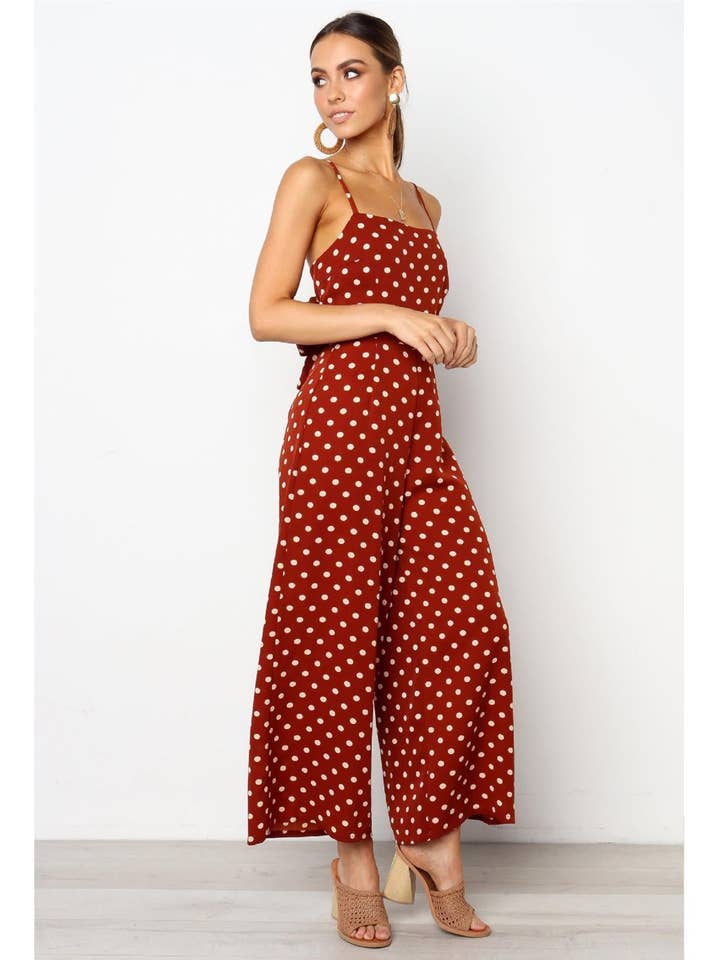 FS Collection - Venta al por mayor Vestido - Mujer - Mono tipo culotte anudado en lunares color vino