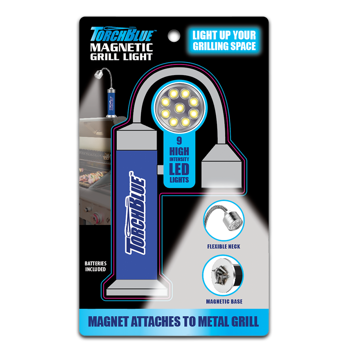 Novelty Brands - Wholesale Handheld Flashlight - Torch Blue Magnetic Grill Silver LED Flashlight - 6/Display5