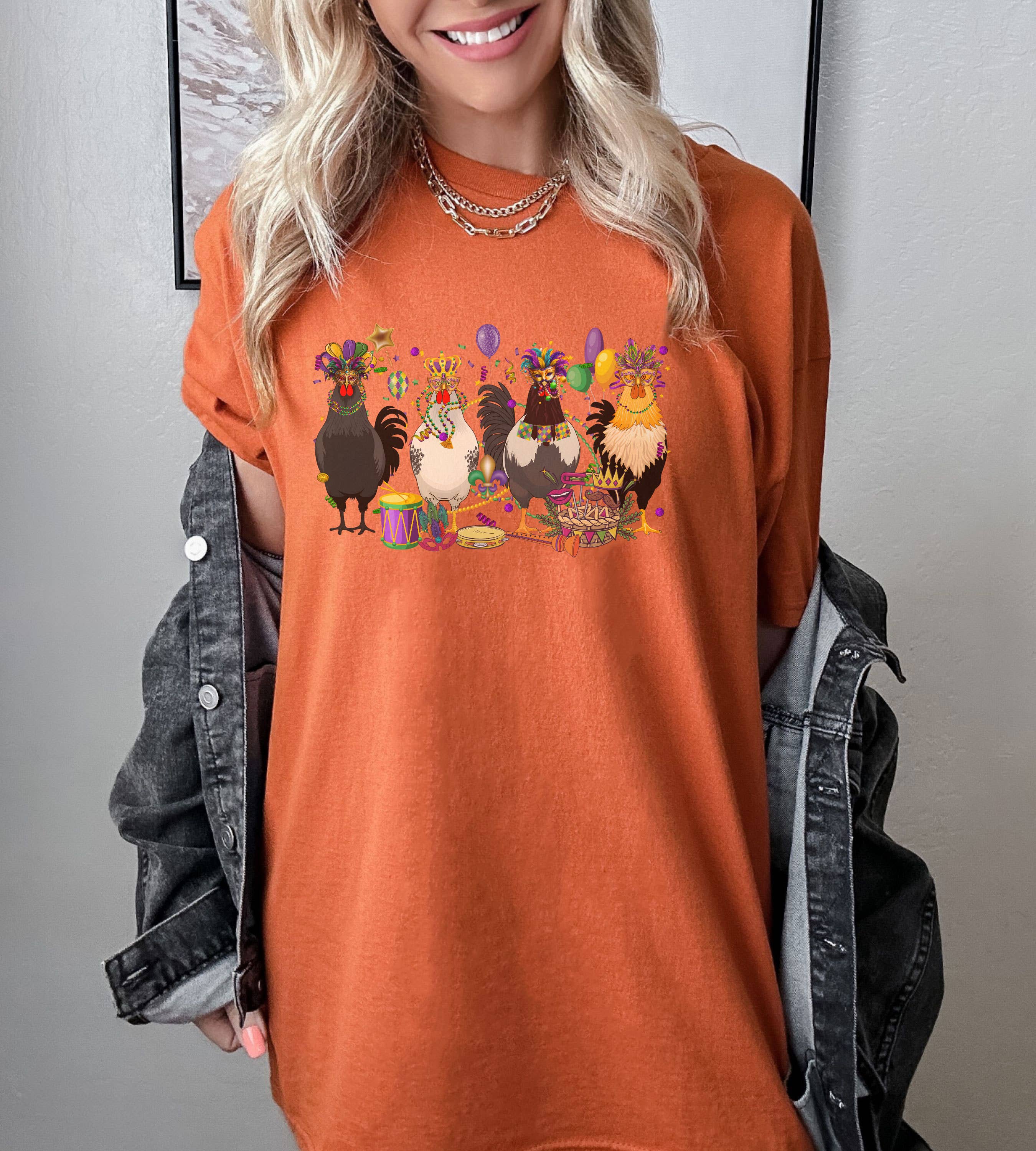 SONDO DESIGN LTD – wholesale Tunic – Women’s – Mardi Gras Chickens Shirt, Mardi Gras Farm Animal Tshirt2