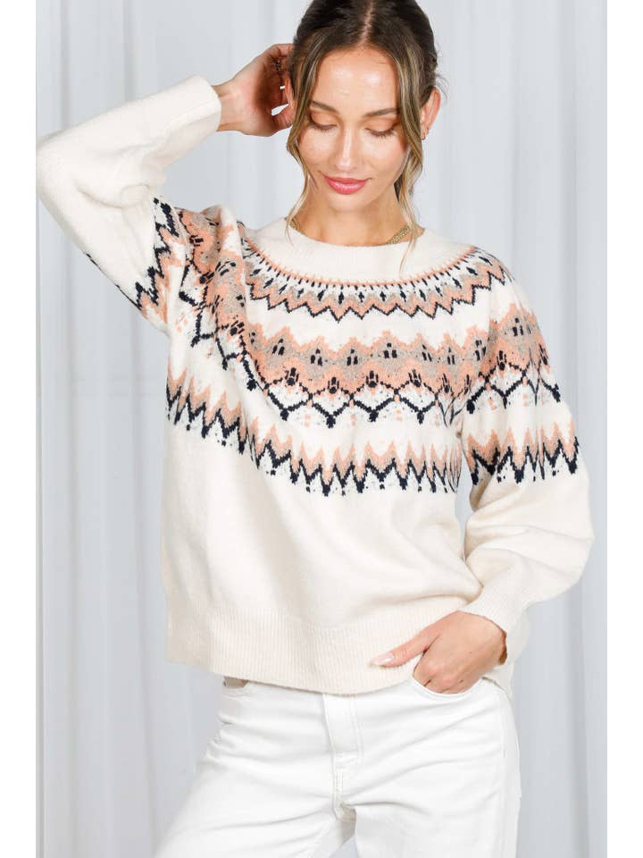 Cream Multi Fair Isle Embellished Pullover Knitted Sweater VT82602 for wholesale on Faire15