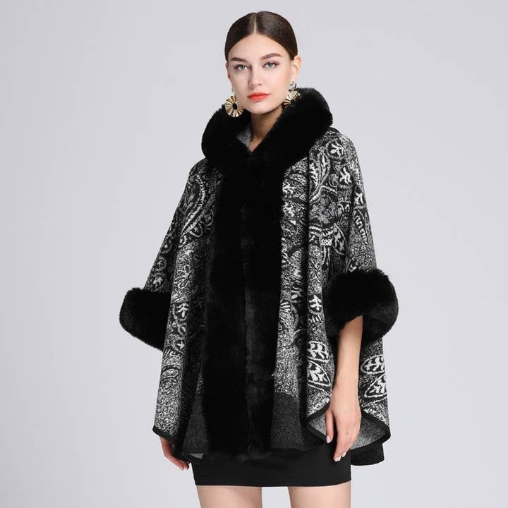 FurDecoration - Wholesale Poncho - Women's - Jacquard Hooded Shawl Poncho With Faux Otter Hair Collar