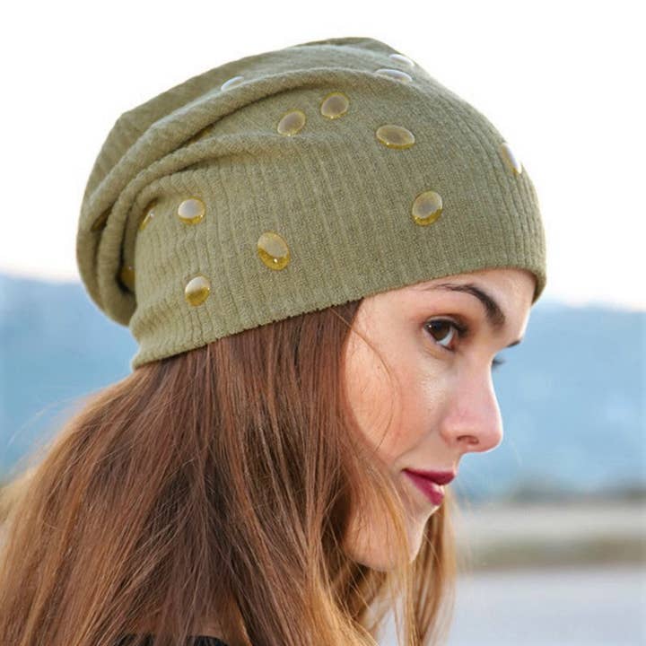 310 Beanie Hat with cabochons in the color of the fabric for wholesale by Purple Sardine