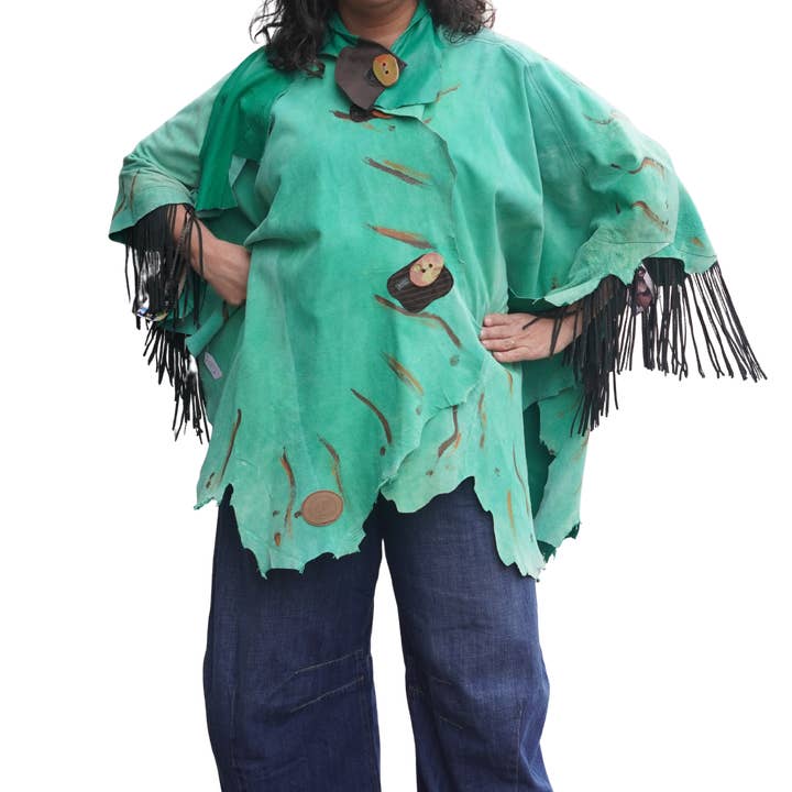 Hand-painted Lightweight Green Leather Fringed Cape by Pepin Designs for wholesale by sariKNOTsari