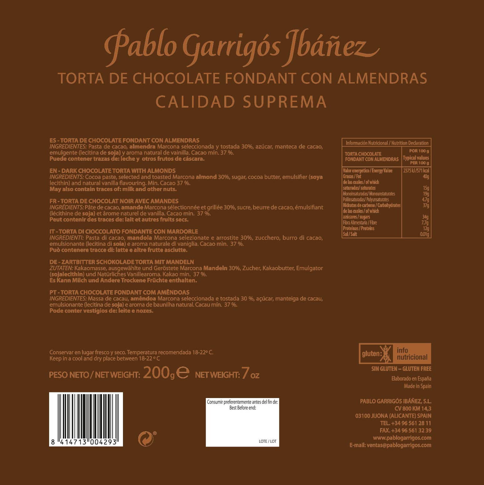 PABLO GARRIGÓS IBÁÑEZ – Großhandel Schokoladenschachtel – Schokoladenfondant-Nougatkuchen mit Mandeln1