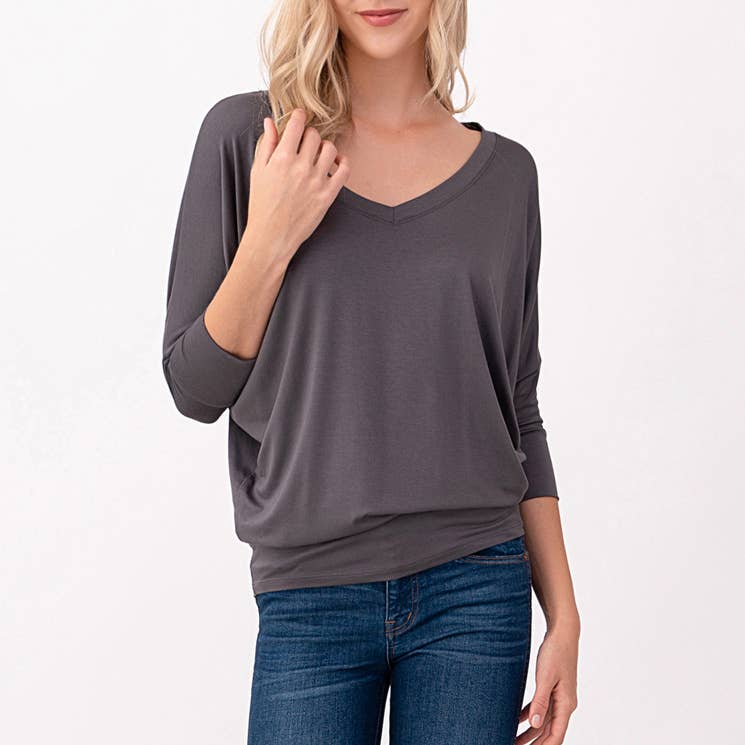 Heimious - Wholesale Knit Top - Women's - 3/4 Dolman Sleeve V-neck Modal Jersey Top, 257317